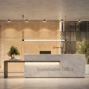 Digitally generated image of sustainable office reception desk. Front desk of modern office with plants in 3d.